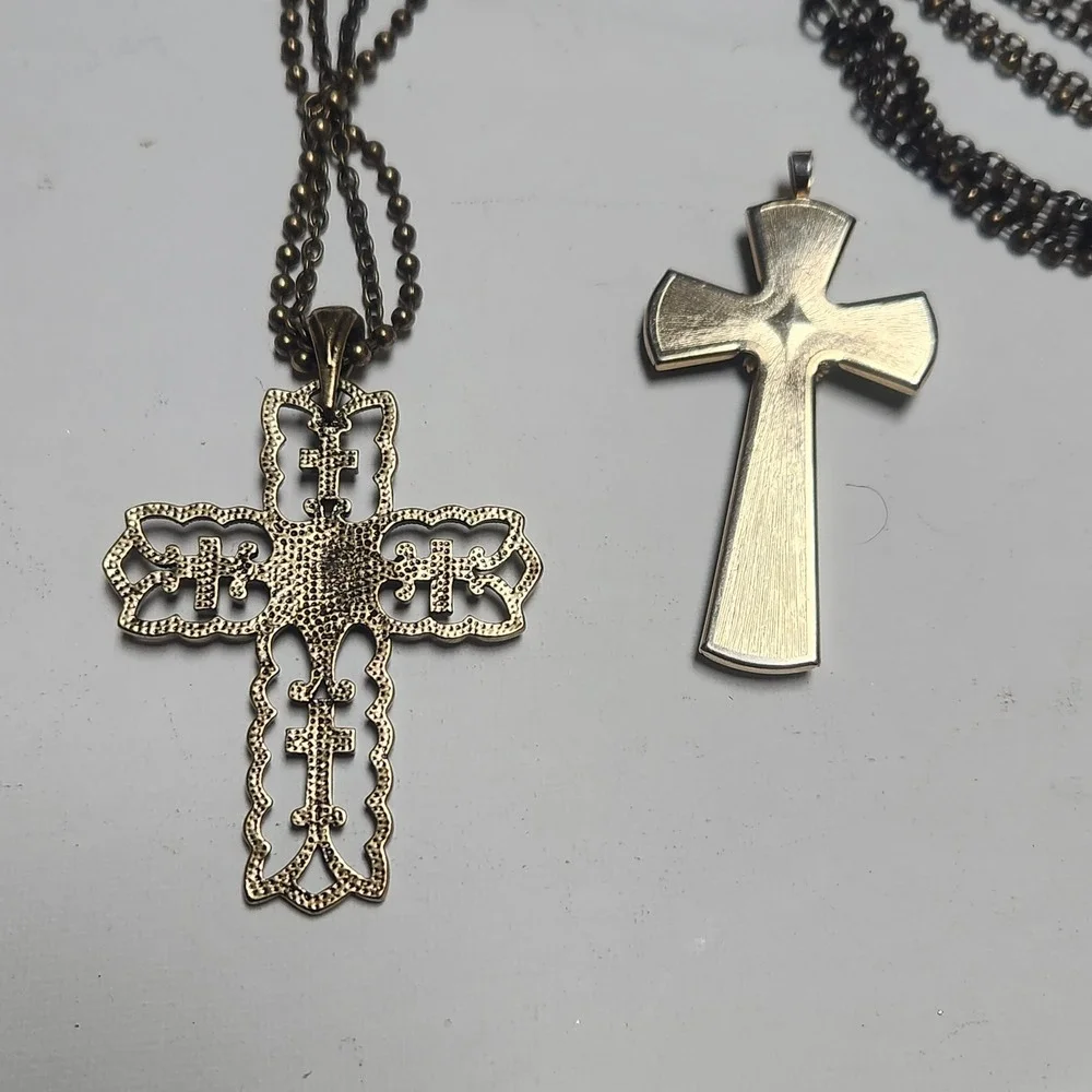 Ornate Bronze Filigree Cross Necklace and Green  acrylic Gold Tone Cross Pendant